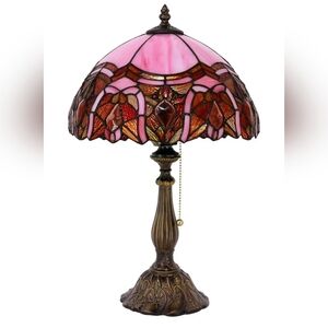Tiffany Stained Glass Table Lamp with Pink and Red Shade